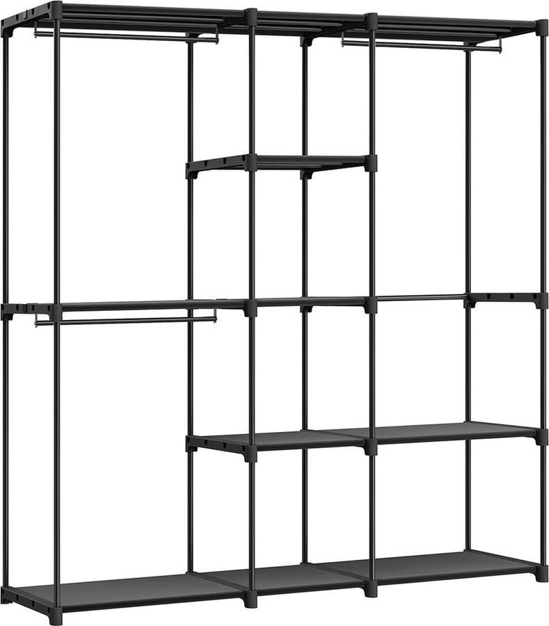 Rootz Living Rootz Draagbare Zwarte Open Kledingkast Kledingrek Kastorganizer Stalen frame Planken van niet-geweven stof Plastic verbindingsstukken 43 cm x 182 cm x 182 cm Lichtgewicht Ruim Eenvoudige montage
