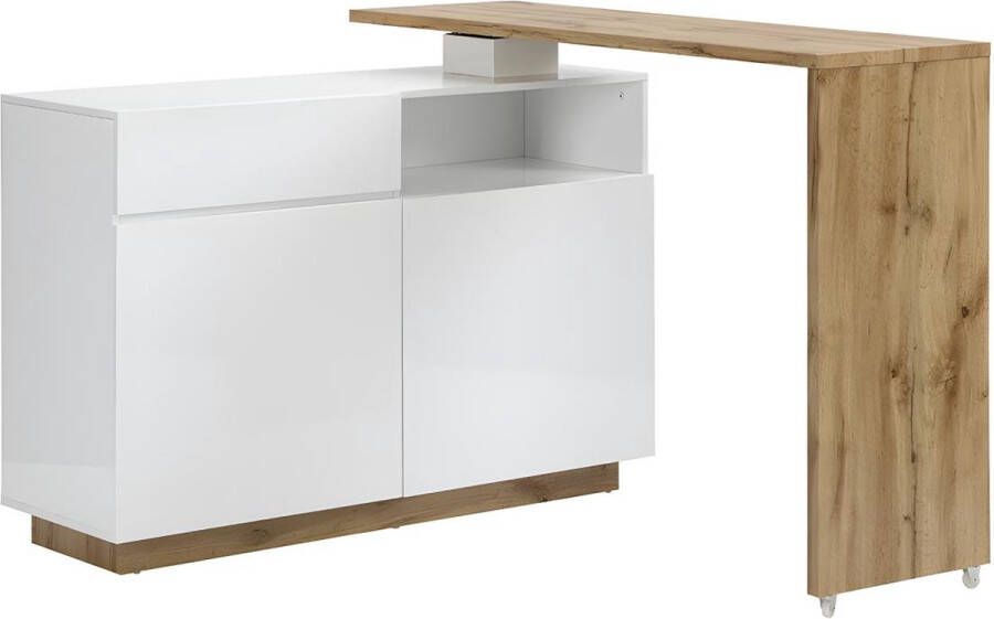 Draaibaar barmeubel ELDIR- 2 deuren 1 lade en 1 nis MDF Witgelakt & eiken L 130 cm x H 95 cm x D 40 cm