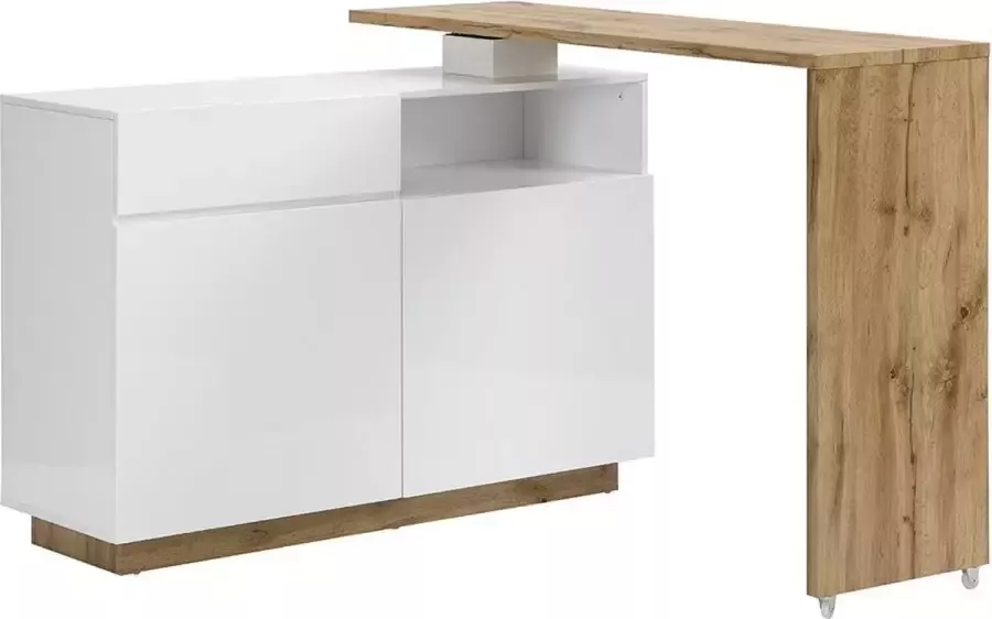 Vente-unique Draaibaar barmeubel ELDIR- 2 deuren 1 lade en 1 nis MDF Witgelakt & eiken L 130 cm x H 95 cm x D 40 cm - Foto 2