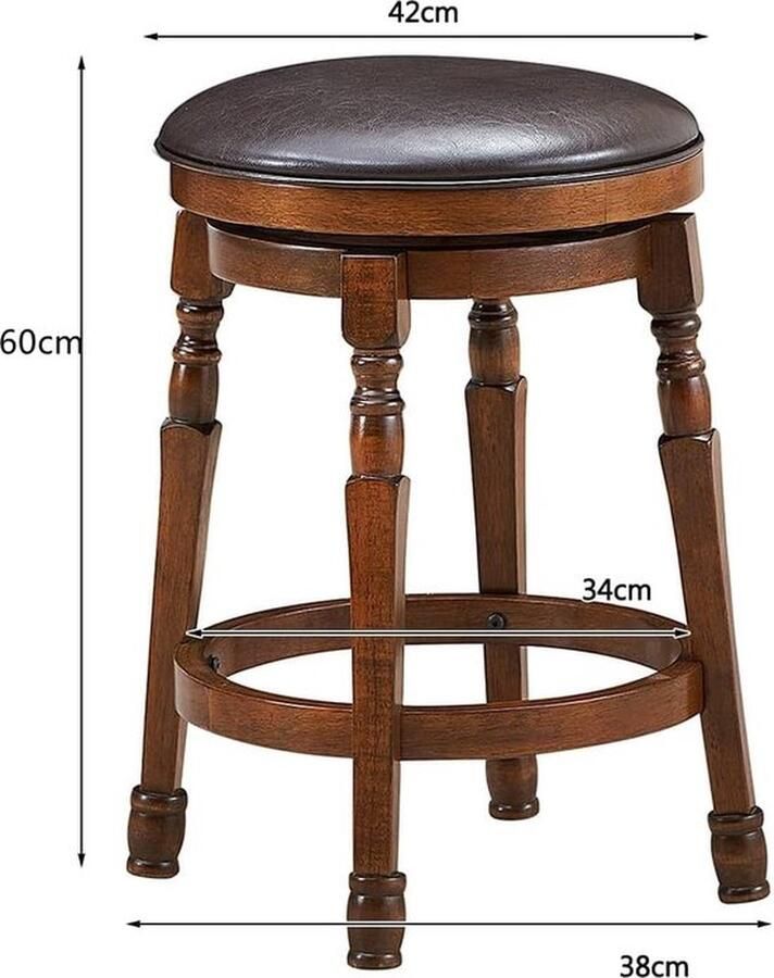 Draaibare barkruk set van 2 draaikruk met 360° draaibare zitting retro barstoel met voetensteun gevoerde ronde kruk bistrokruk van natuurlijk hout voor keuken cafés (60 cm hoog)