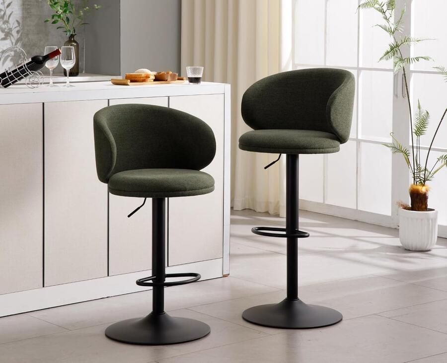 Draaibare barkruk set van 2 – Linnen barstoelen met voetsteun in hoogte verstelbare hoge krukken voor keuken of ontbijtbar groen