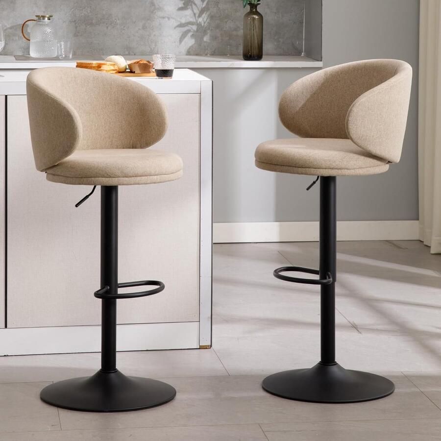 Draaibare barkruk set van 2 – Linnen barstoelen met voetsteun in hoogte verstelbare hoge krukken voor keuken of ontbijtbar kaki