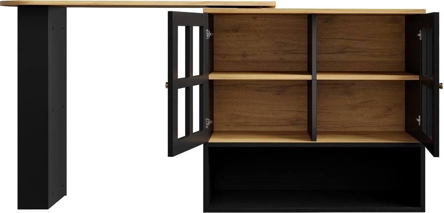 Draaibare Bartafel 138x39x102 5cm Sideboard Zwart MDF 360 Graden Draaibaar Multifunctioneel Met Snackvak Vijf Planken Draaiend Kastmeubel Met Rekken En Glas Geschikt Voor Slaapkamer Woonkamer Eetkamer Modern Ontwerp