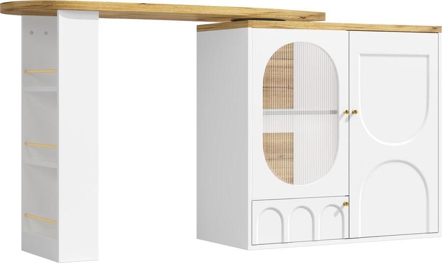 Draaibare bartafel 138x39x105cm Dressoir Wit MDF Met 3 Deuren Deurrekken Uittrekbare Planken Keukenwerktafel Met Opbergruimte Keukenmeubel