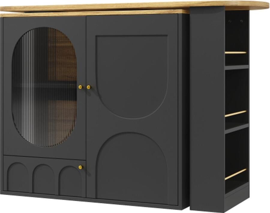 Draaibare bartafel 138x39x105cm Dressoir Zwart MDF Met 3 Deuren Deurrekken Uittrekbare Planken Keukenwerktafel Met Opbergruimte Keukenmeubel