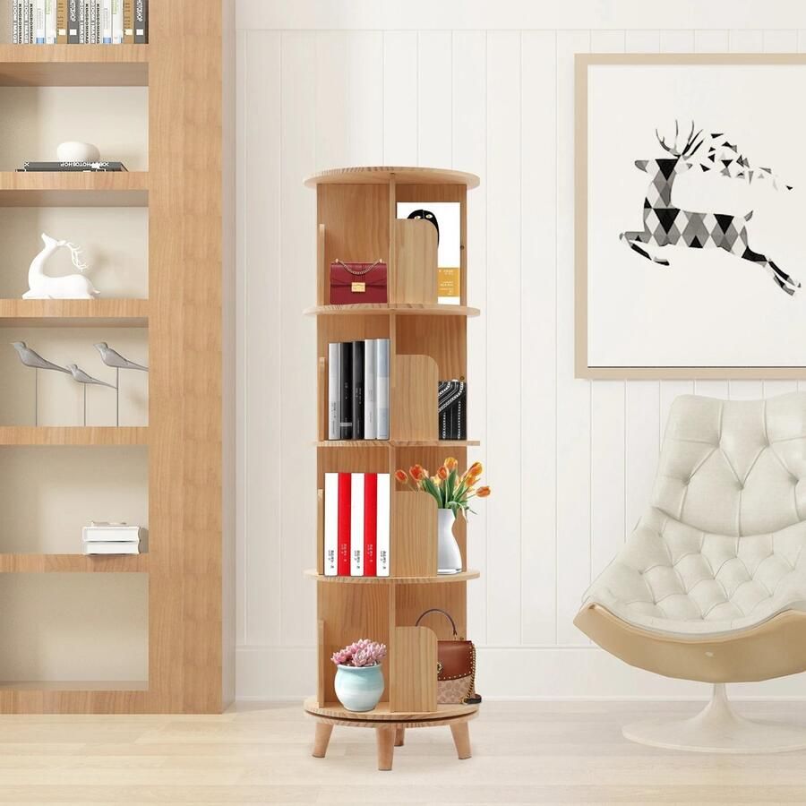 Draaibare Boekenkast 4 lagen Houtkleur Boekenrek 46 X 46 X 134 Woonkamer Slaapkamer Leuk voor Kinderboeken