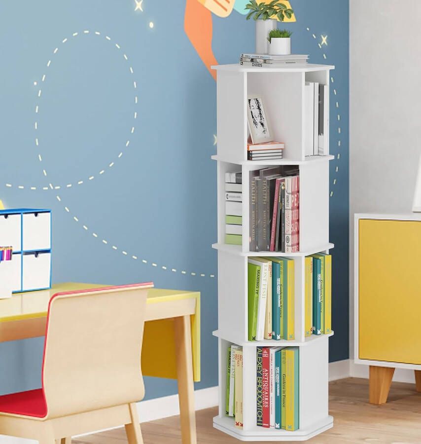 Draaibare boekenkast staand rek draaibaar kantoorrek 360 graden decoratief rek 4 niveaus hout draaibaar hoog wit