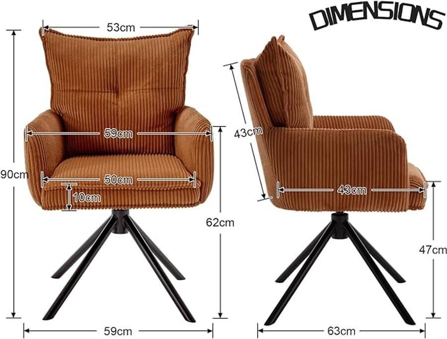 Draaibare bureaustoel zonder wielen – Gestoffeerd in corduroy stof met metalen basis – Bruin