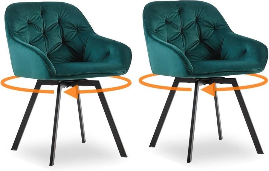 Draaibare eetkamerstoelen set van 2 Groene fluwelen fauteuils met gewatteerde rugleuning voor woonkamer thuiskantoor en slaapkamer