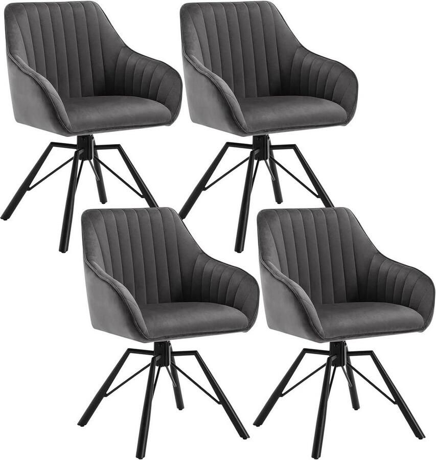 Rootz Living Rootz Draaibare Eetkamerstoelen Set van 4 Fluwelen Fauteuils Draaistoelen 360 Graden Rotatie Zacht & Comfortabel Robuust & Stabiel Metalen Poten Donkergrijs 58cm x 83 5cm x 53 5cm