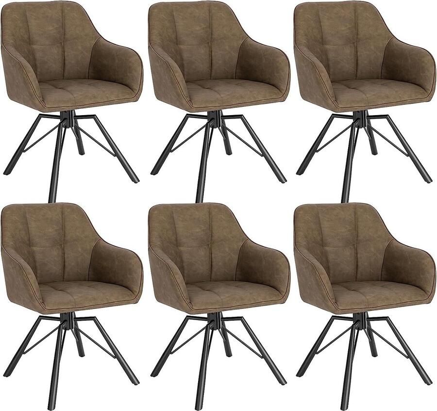 Rootz Living Rootz Draaibare Eetkamerstoelen Set van 6 Draaistoelen Fauteuils Comfortabel en ergonomisch 360° draaibaar Robuust metalen frame 58 5 cm x 82 5 cm x 54 5 cm Bruin kunstleer