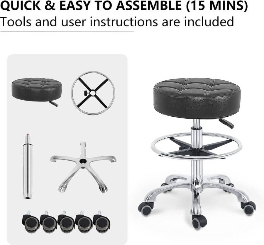 Verstelbare Rolling Kruk Stoel Met Wielen Voor Massage Schoonheidssalon Winkel Thuis Keuken Heavy Duty Rolling Swivel Kruk (geen Rugleuning met Casters-Elegante Lijnen Zwart) - Foto 2