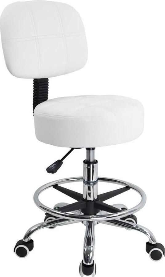 Draaibare ronde rollende kruk met verstelbare voetsteun in hoogte verstelbare met rug PU-leer Wit