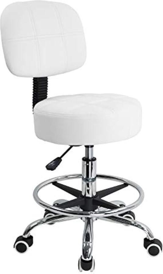 Draaibare ronde rollende kruk met verstelbare voetsteun in hoogte verstelbare met rug PU-leer Wit