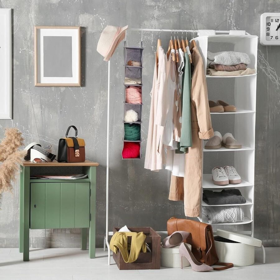 Hangende kast organizer met 6 vakken van stof Grijs HxBxD: 99 x 15 x 30 cm Schoenenopberger met 2 haken