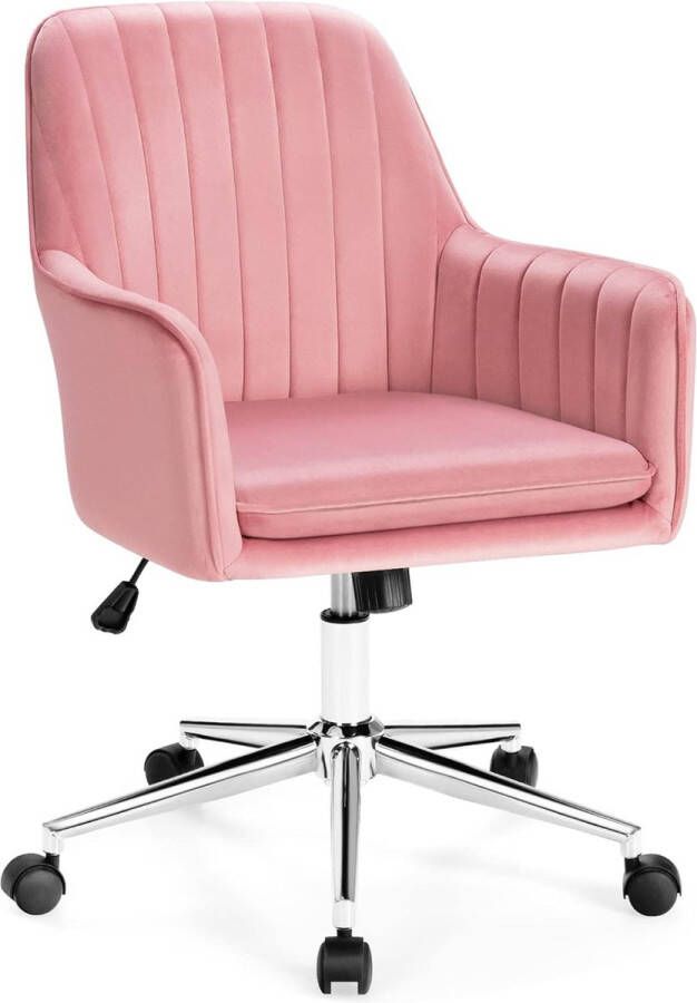 Draaistoel van fluweel gevoerde bureaustoel met armleuningen en rugleuning in hoogte verstelbare computerstoel bureaustoel op wieltjes stoel voor woonkamer slaapkamer kantoor (roze)