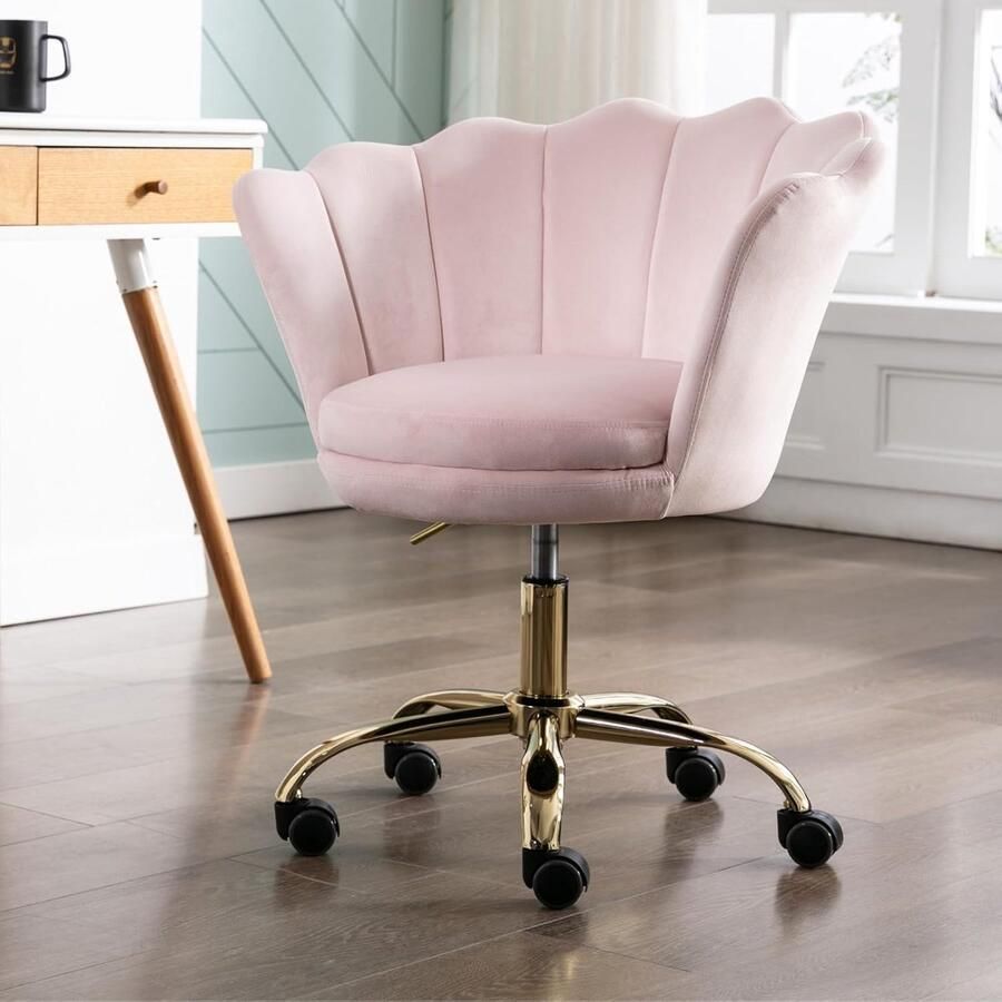 Draaistoel van fluweel – Moderne bureaustoel met gouden poten in hoogte verstelbare computerstoel voor slaapkamer of make-uptafel lichtroze