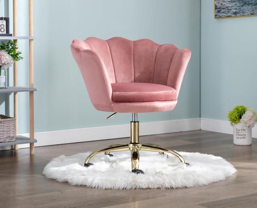 Draaistoel van fluweel – Moderne bureaustoel met gouden poten in hoogte verstelbare computerstoel voor slaapkamer of make-uptafel roze