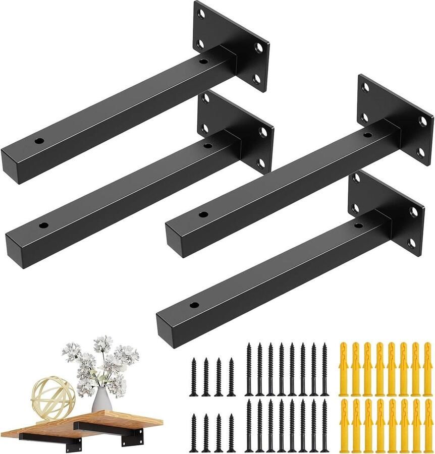 Drasohuija Wanddragers 4 stuks plankondersteuning dragers zware last wandrek houder zwevende plankdrager wandconsole zwart roestvrij staal 70 kg draagkracht 25 cm - Foto 2