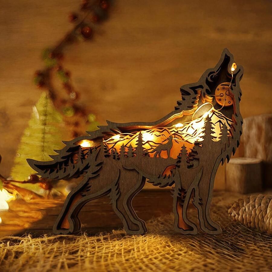 Drawelry 3D houten dierenbeeld houtsnijwerk ornamenten met LED-nachtlampje bosdieren berghouten sculptuur ambachtelijke decoratie voor thuis kantoor slaapkamer woonkamer tafel wanddecoratie (wolf)