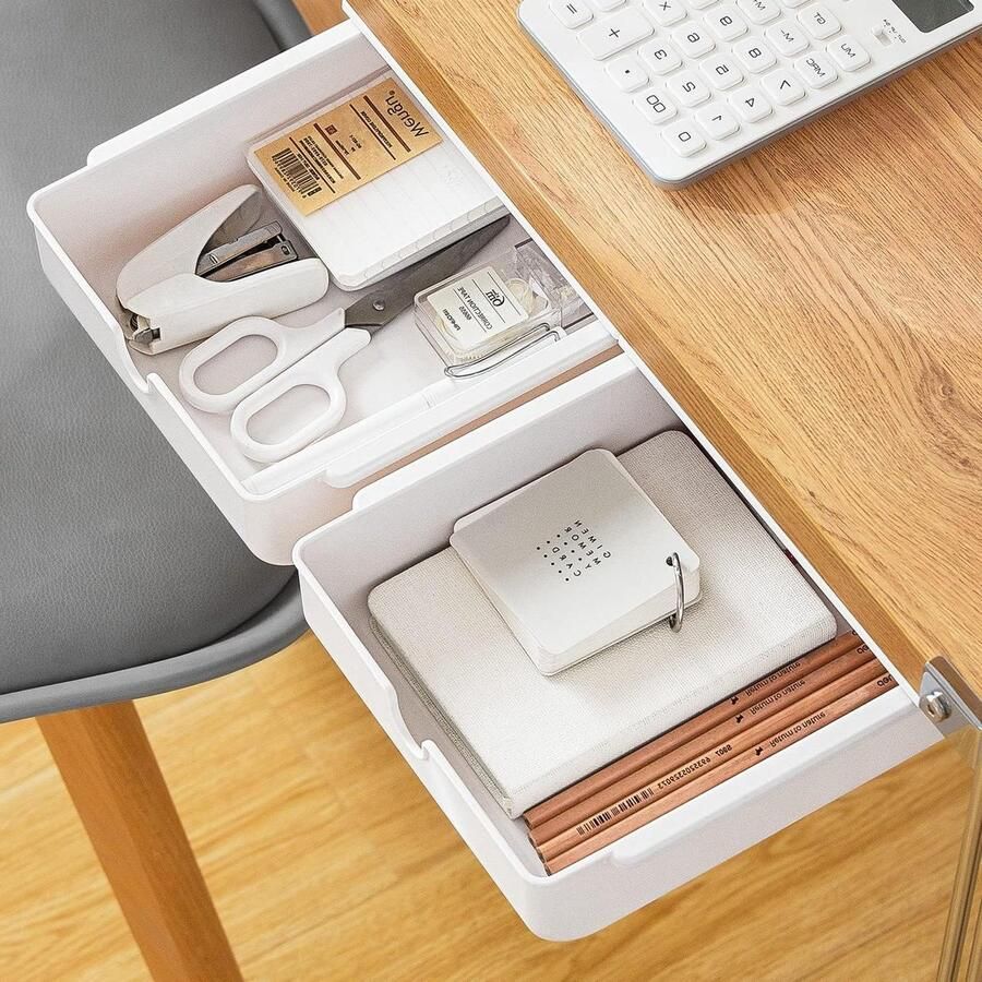 Drawer Organiser Storage Box Mini Adhesive Drawer Organizer for Office Hidden Drawer Box White Set of 2