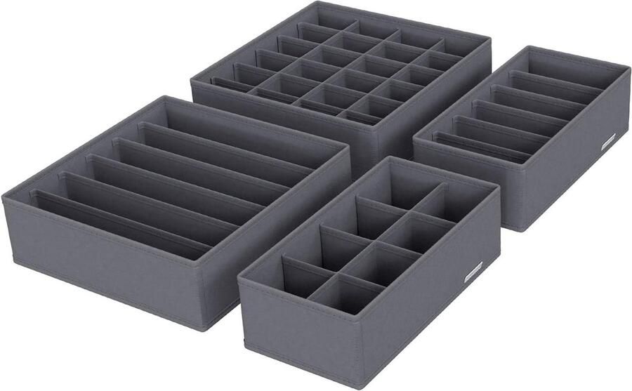 Wardrobe Storage System: Storage Boxes Drawer Organiser for Bras Underwear Socks Ties Set of 4 Grey 32.5 x 11.5 x 6.8 cm