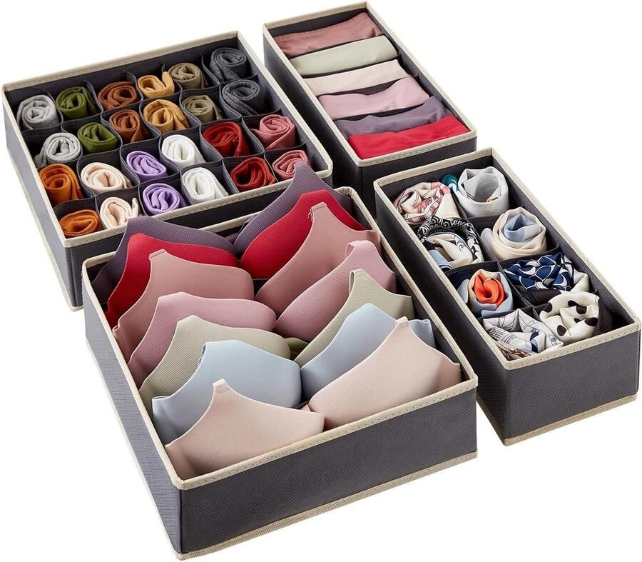 Drawer Organizer Foldable 4 Pieces Cabinet Underwear Folding Box Fabric Box for Clothing Scarves Bras Socks Ties Grey