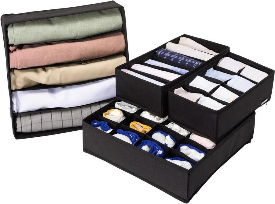 Drawer Organizer Set of 4 Storage Basket for Wardrobe Divider for Underwear and Socks Cabinet Organizers Black