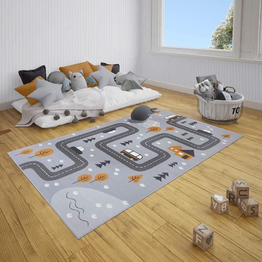 Dream Street Vloerkleed kinderkamer speeltapijt laagpolig tapijt modern speelstraat straatmotief zachte pool onderhoudsvriendelijk grijs mosterdgeel 80 x 150 cm Hanse Home vloerkleed