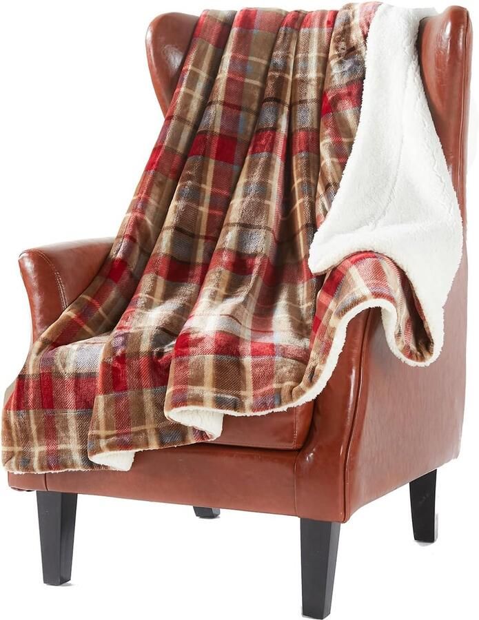 DREAMLANDING Sherpa Fleece Deken Sofa Sprei Dubbelzijdige Super Zachte Warme Sprei Deken Voor Bed Bank 150 x 180 cm (Rood Geruit 150 × 180 cm)