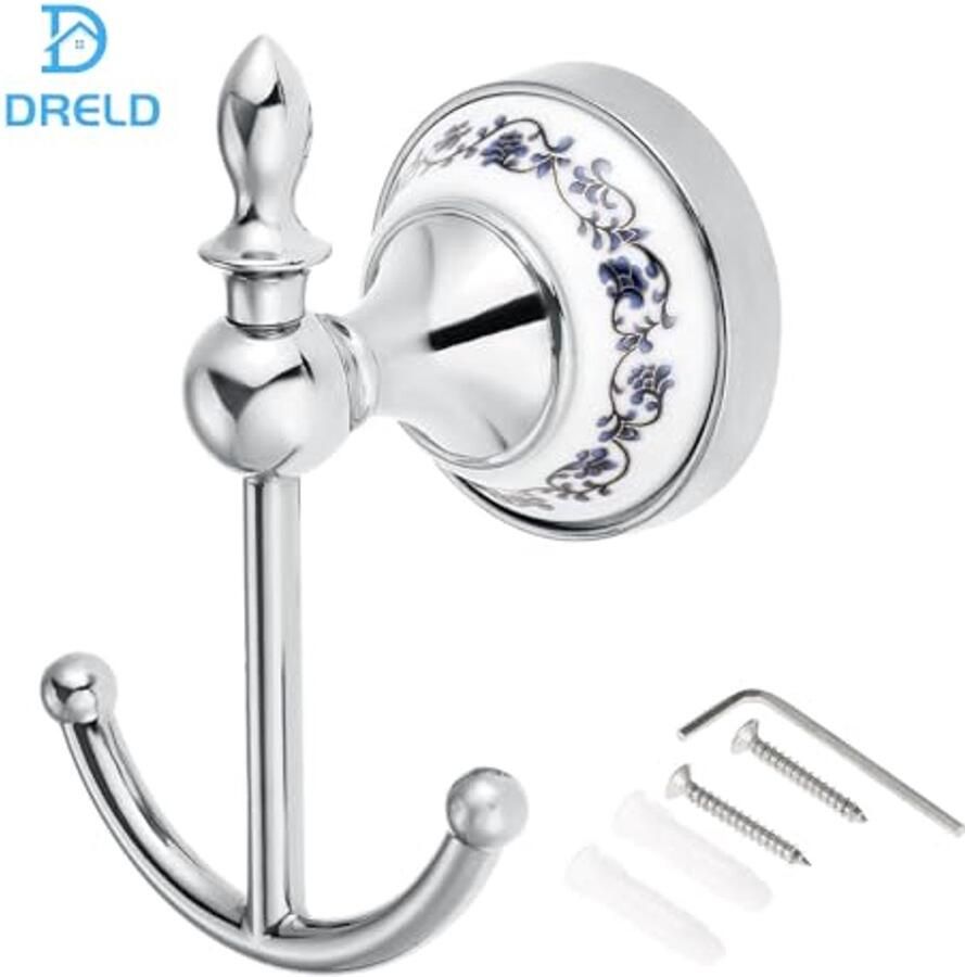 DRELD Decoratieve kapstokken gemaakt van zinklegering en keramiek nostalgische retro handdoekhaken keramische handdoekhaken kapstokken in landelijke stijl voor badkamer (zilver)