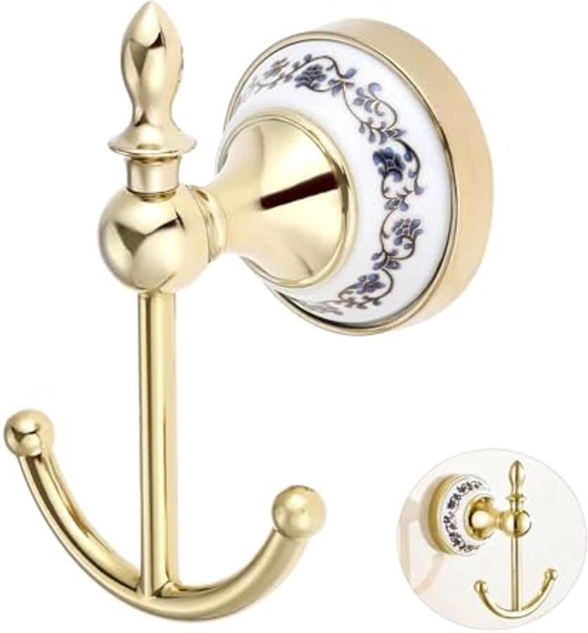 DRELD Moderne decoratieve kapstokken gemaakt van zinklegering en keramiek nostalgische retro handdoekhaken keramische handdoekhaken antieke keramische haken kapstokken in landelijke stijl voor badkamer (goud)