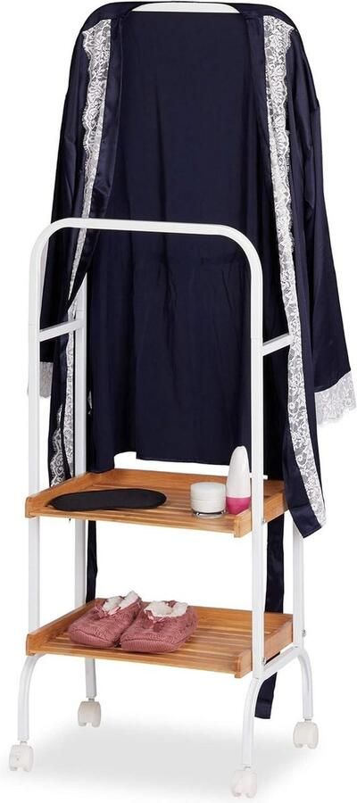 Dressboy op wielen verrijdbaar kledingrek Met 2 planken Metaal bamboe 129 x 42 x 32 cm Wit