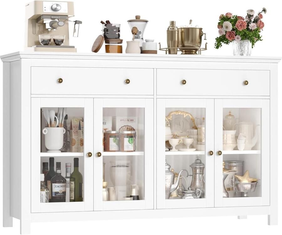 Dressoir 140 cm Breed Keukenkast met Werkblad Dressoir voor Keuken Woonkamer Buffetkast met 2 Laden en 4 Glazen Deuren Keukenbuffet met Verstelbaar Rek Wit 140 x 90 7 x 40 cm