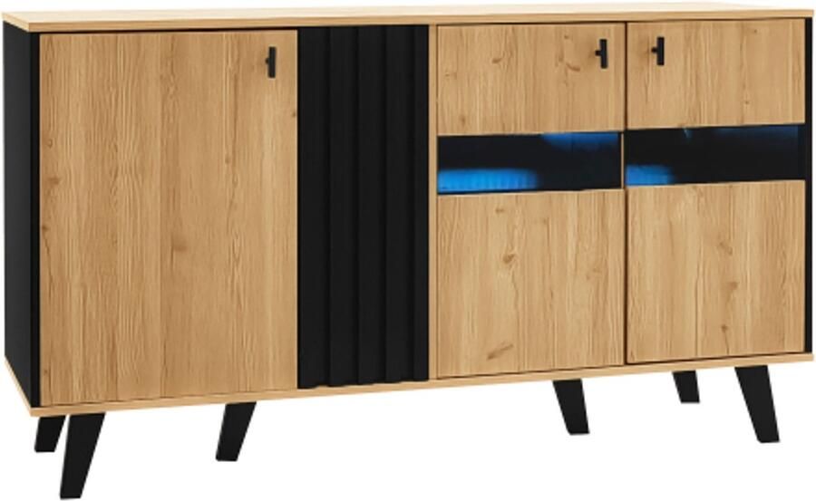 GOTAGEE Dressoir 140 x 78 5 x 41 cm gemaakt van hout en zwart met opbergruimte kast met LED-verlichting en glas
