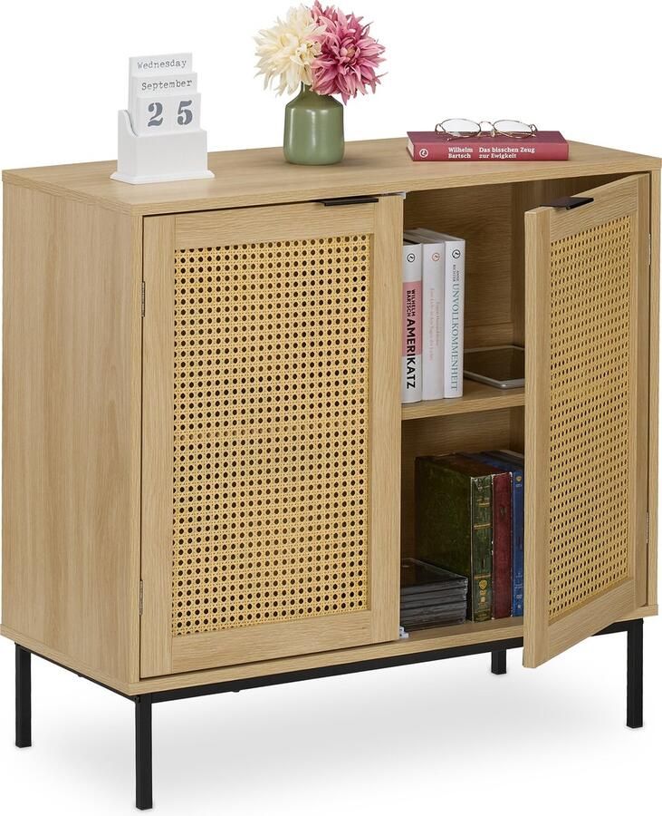 Relaxdays dressoir 2 rotan deuren smal 80 cm breed woonkamer
