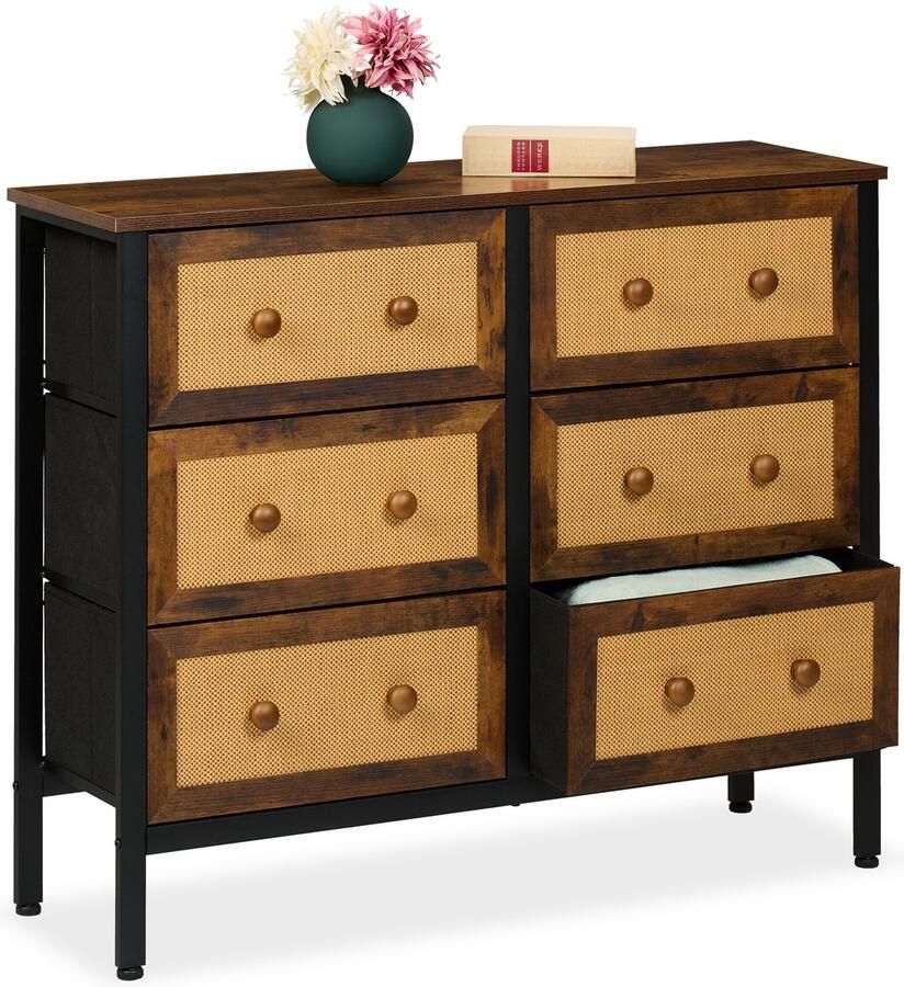 Relaxdays dressoir 6 lades rotan look 100 cm breed ijzeren frame slaapkamer