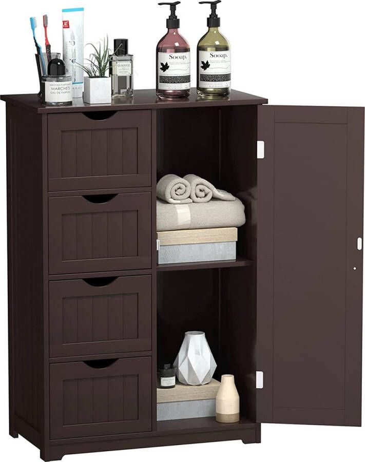 Dressoir badkamerkast bijzetkast highboard multifunctionele kast staande kast dressoir met 4 laden en 1 kastgedeelte (bruin)