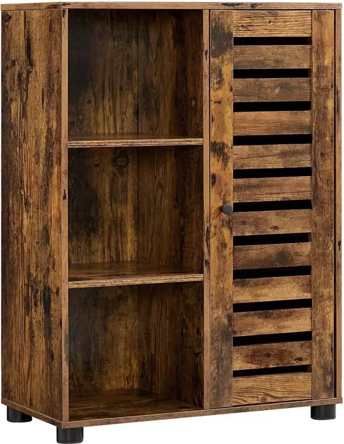 Dressoir badkamermeubel keukenkast 3 open vakken 2 verstelbare planken achter de deur voor hal woonkamer badkamer keuken vintage bruin BBK046X01