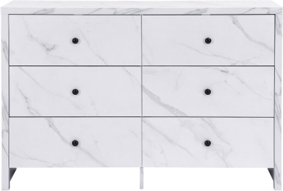 GOTAGEE Dressoir elegante opbergkast met marmerlook 120 cm 6 laden en zwarte houten handgreep anti-kantelvoorziening