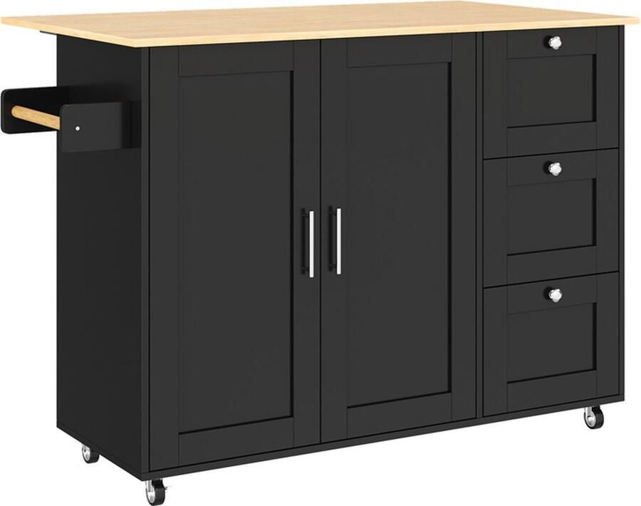 GOTAGEE Dressoir Grote mobiele keukentafel Eiken blad 3 lades Handdoekhouder