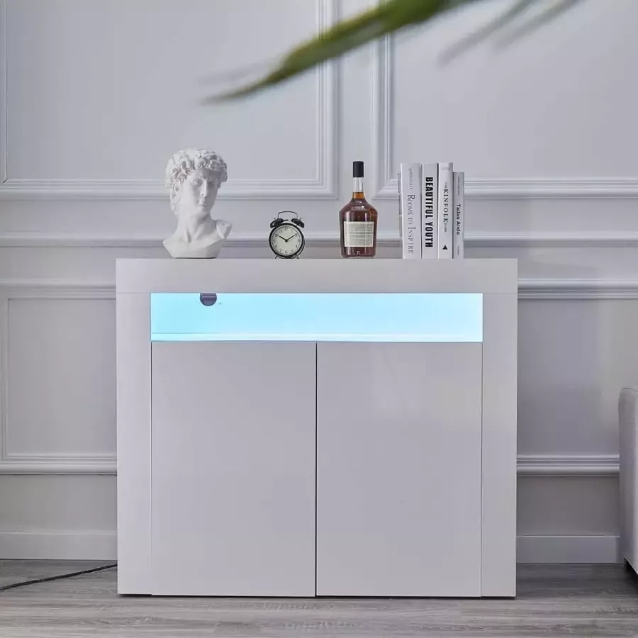 Dressoir kast met LED-verlichting wit glanzend en mat houten kast met 2 deuren voor woonkamer eetkamer 108 x 40 x 93 cm