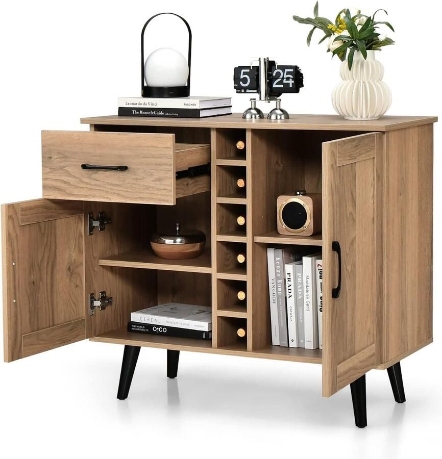 Dressoir keuken buffetkast met 6 flessen wijnrek opbergkast met lade keukenkast natuur voor woonkamer en eetkamer 90 x 40 x 79 cm