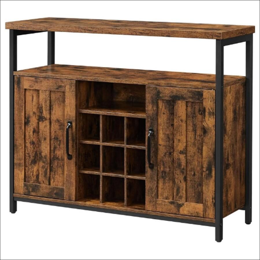 Dressoir keuken kast Vintage bruin met zwart Industrieel design Met 2 deuren 9 flessenhouders 2 open vakken Metaal frame 100x35x81 4 cm Houtlook Verstelbare poten Met anti-kantel beveiliging