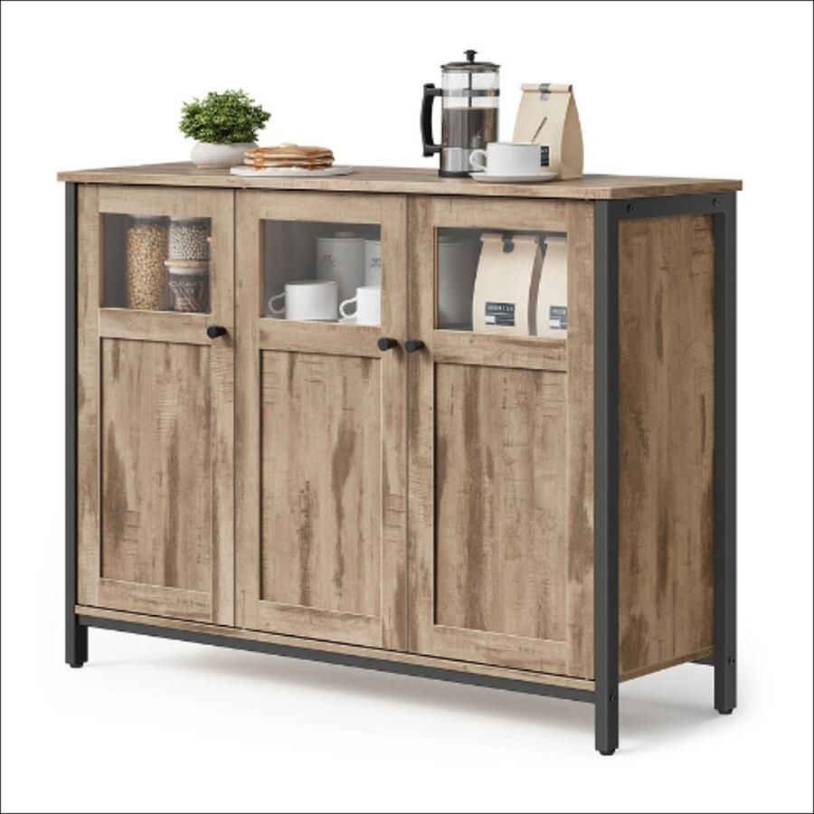 Dressoir keukenkast Industrieel design Camel bruin met zwart Met glazen deuren Stalen frame Voor keuken eetkamer en woonkamer 35x100x75 cm Houtlook Verstelbare poten Met anti-kantel beveiliging