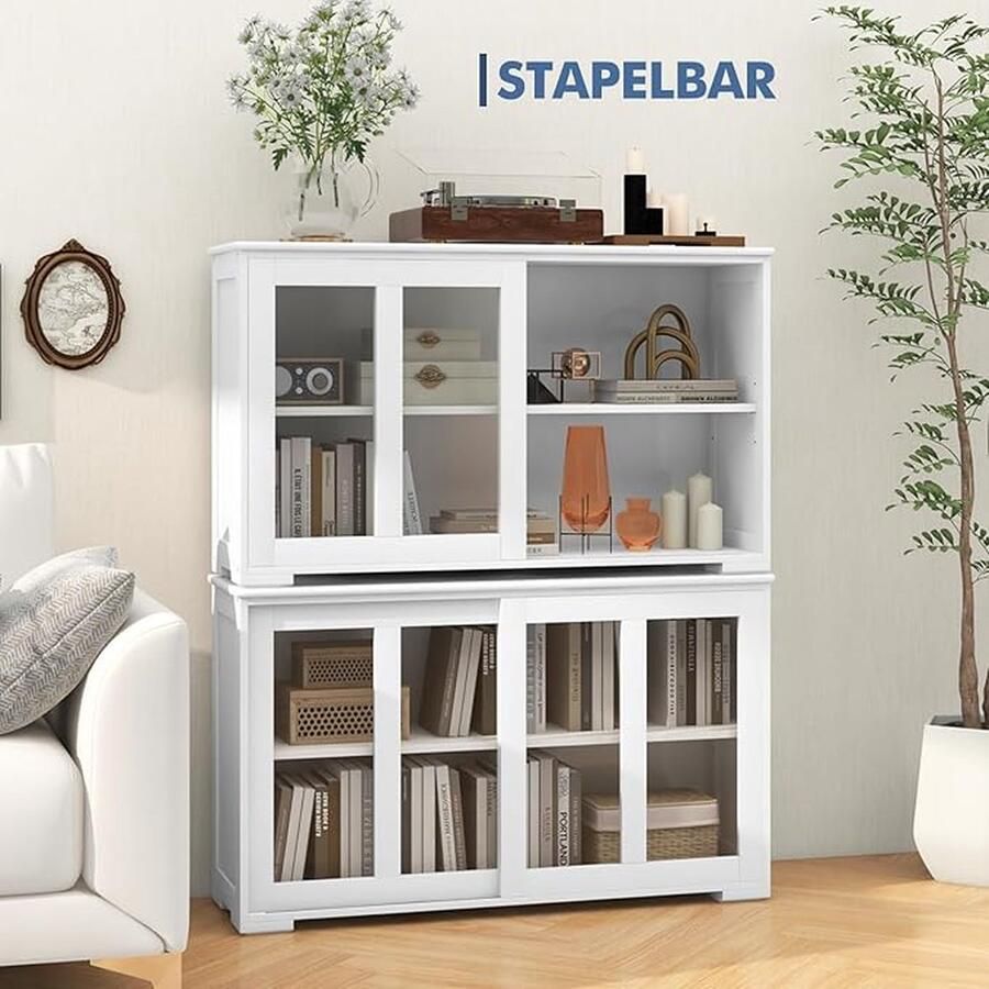 Dressoir Keukenkast met Glazen Schuifdeuren en Verstelbare Plank Opbergkast voor Keuken Eetkamer Woonkamer 107 x 33 x 62 5 cm (Wit)