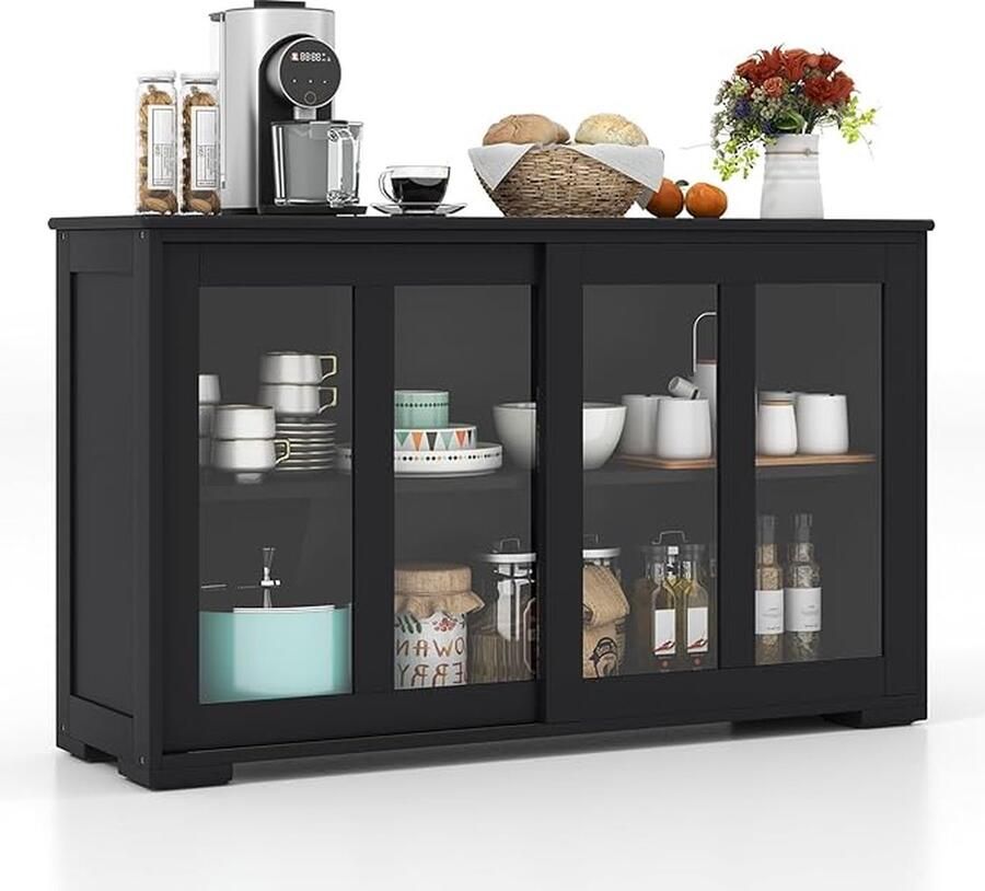 Dressoir Keukenkast met Schuifdeuren van Glas Opbergkast Verstelbare Plank Dressoir voor Hal Keuken Eetkamer Woonkamer 107 x 33 x 62 5 cm (Zwart)