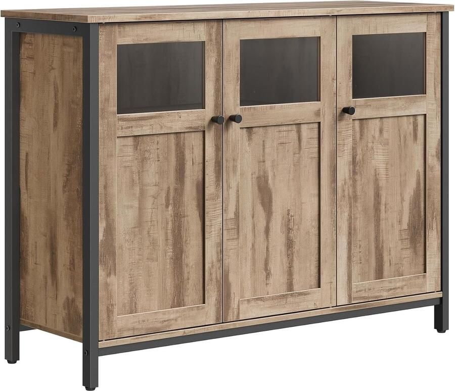 Dressoir Keukenkast Opbergkast met Glazen Deuren voor Woonkamer Keuken Eetkamer Stalen Frame Industriële Stijl Kameel Bruin Inktzwart