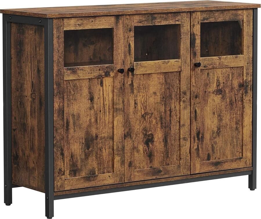 Dressoir keukenkast opbergkast met glazen deuren voor woonkamer keuken eetkamer stalen frame industriële stijl vintage bruinzwart