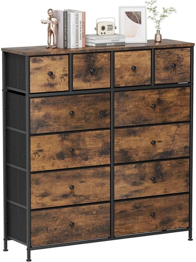 Dressoir Ladekast – 12 Stoffen Lades – Industrieel Design – Bruin + Zwart – Metalen Frame – Houtlook Bovenblad – Grote Opbergruimte – 100x30x110 cm – Verstelbare Pootjes en Anti-Kantel Beveiliging